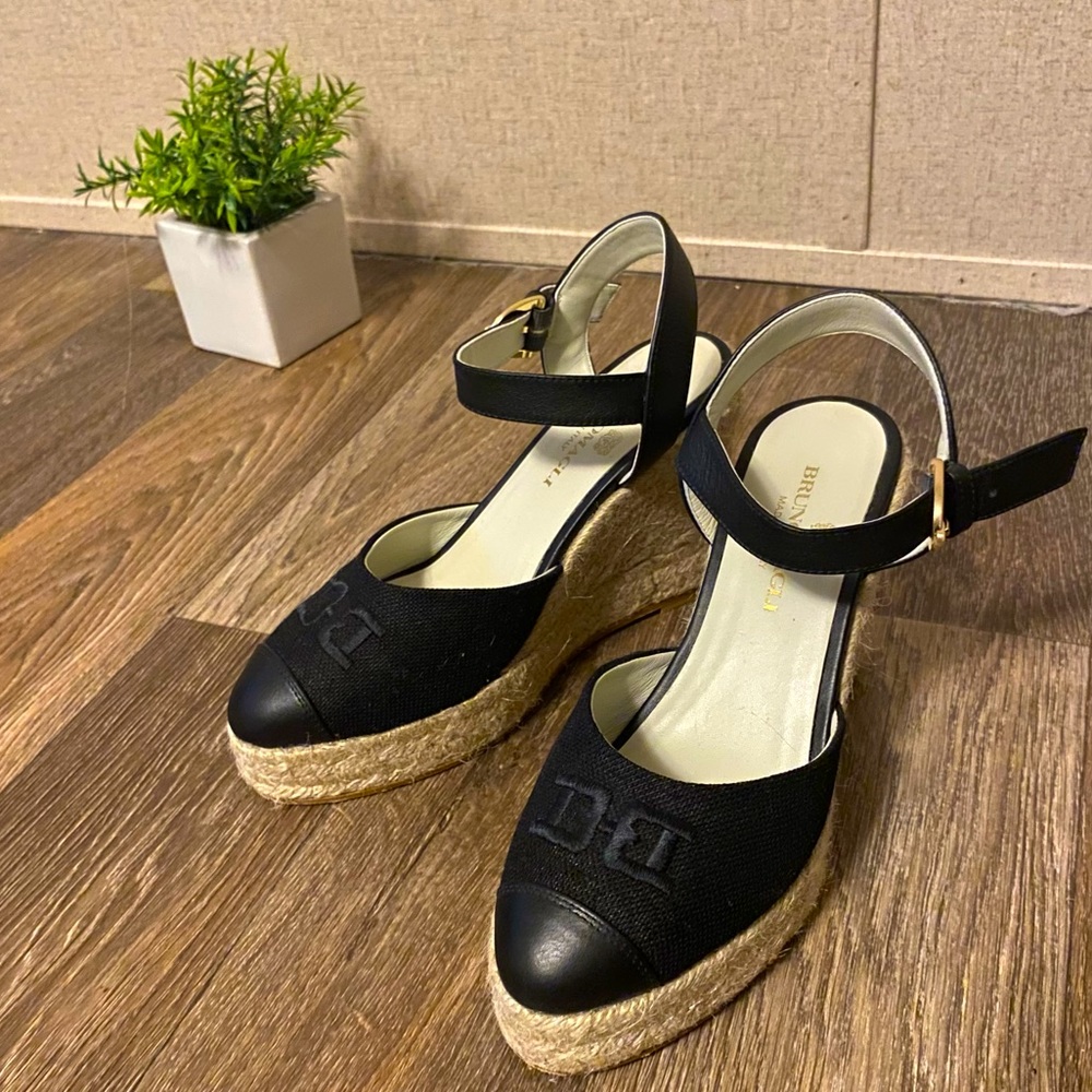 Bruno Magli Marella Platform Espadrille Black Linen Wedges Size 7